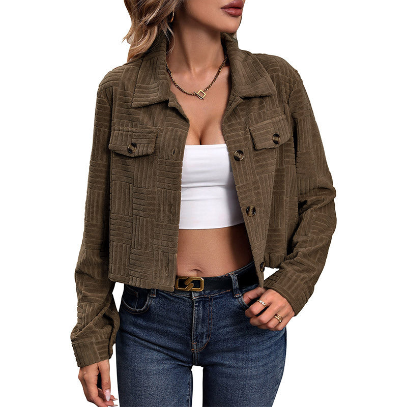Elegant Textured Corduroy Women's Jacket Short Length Notched Collar Coat