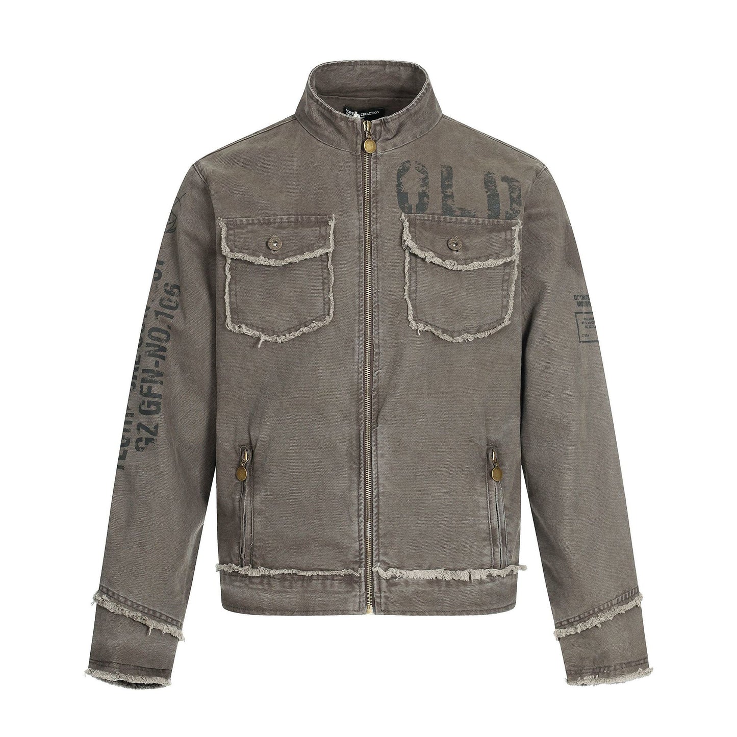 Jacket Stand Collar Outerwear Unisex Vintage Print Washed Zipper Frayed Aged