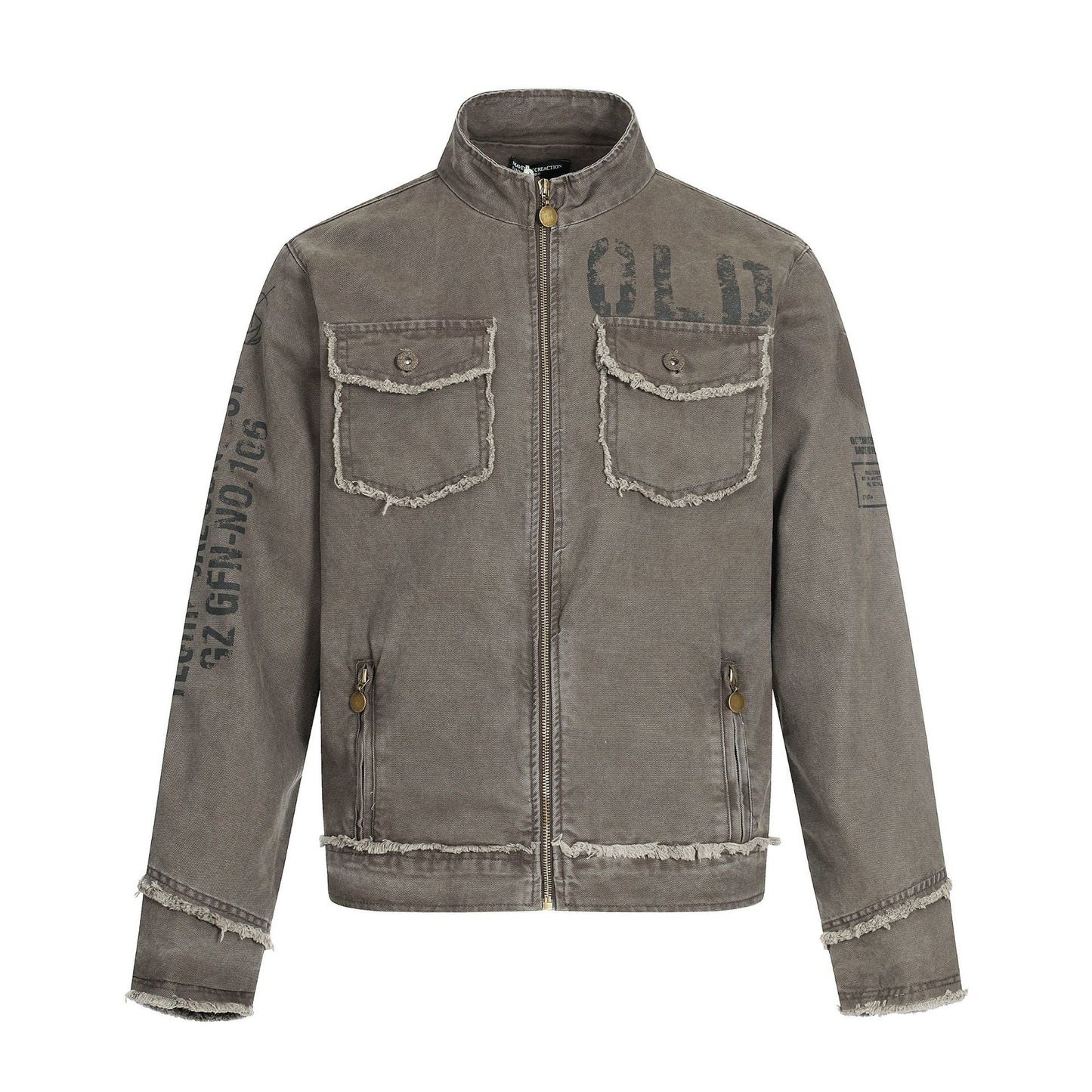 Jacket Stand Collar Outerwear Unisex Vintage Print Washed Zipper Frayed Aged