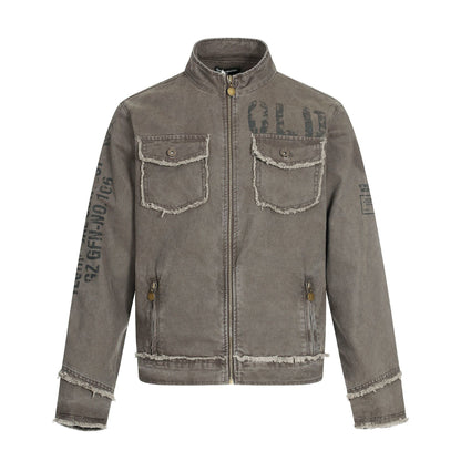 Jacket Stand Collar Outerwear Unisex Vintage Print Washed Zipper Frayed Aged
