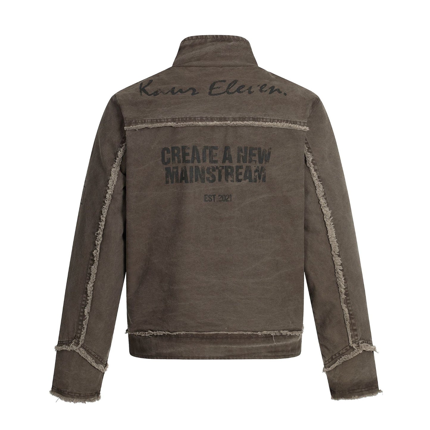 Jacket Stand Collar Outerwear Unisex Vintage Print Washed Zipper Frayed Aged