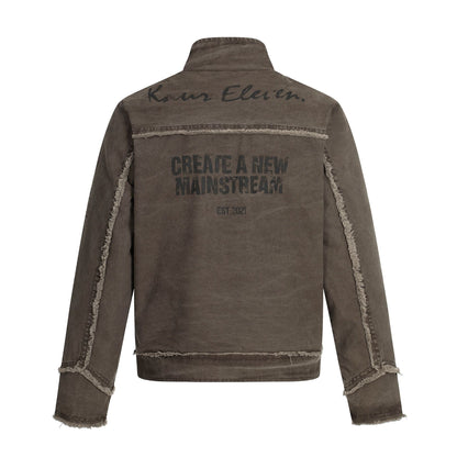 Jacket Stand Collar Outerwear Unisex Vintage Print Washed Zipper Frayed Aged