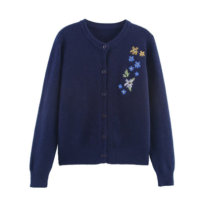 Loose flower embroidery slimming knitted cardigan jacket for women