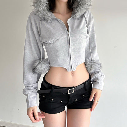 Street Style Fuzzy Collar Hooded Sweatshirt Cinched Waist Irregular Short Length Spicy Design Long Sleeve Jacket
