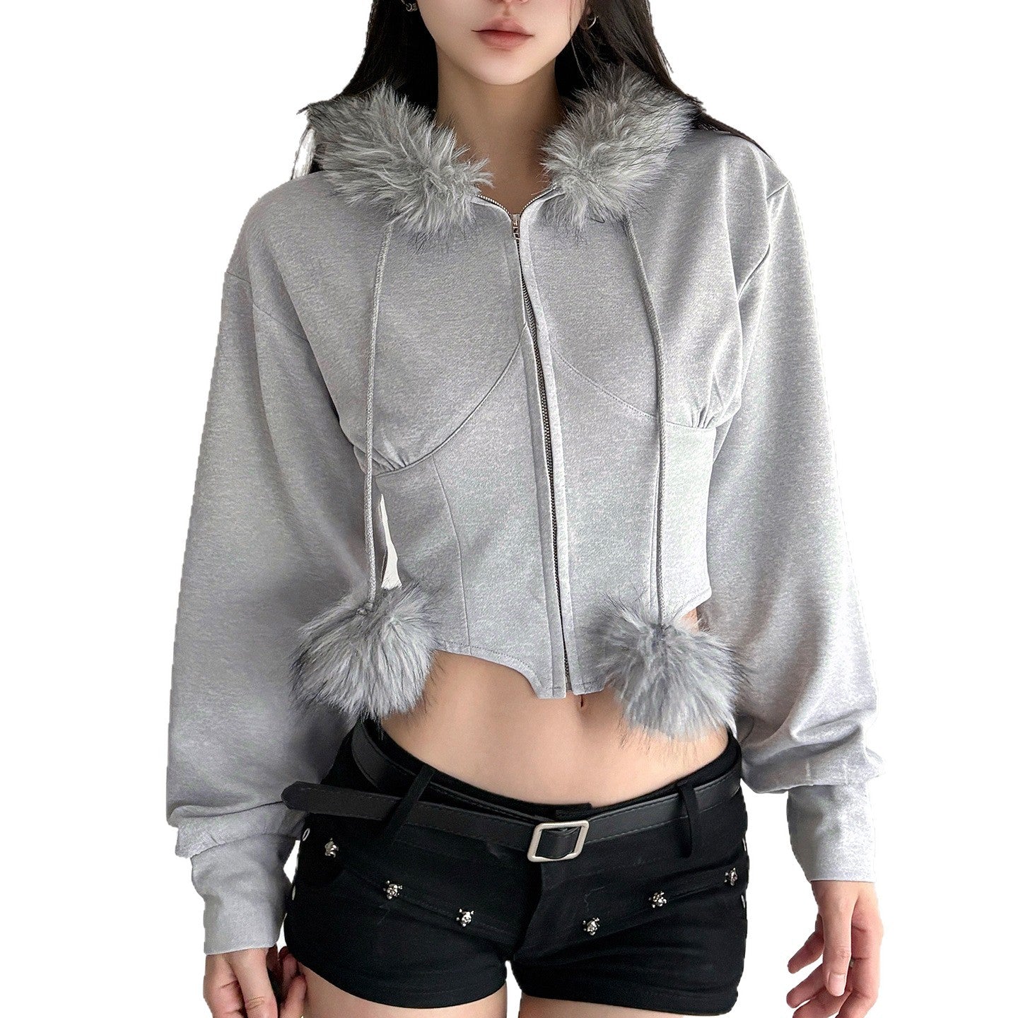 Street Style Fuzzy Collar Hooded Sweatshirt Cinched Waist Irregular Short Length Spicy Design Long Sleeve Jacket