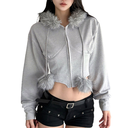 Street Style Fuzzy Collar Hooded Sweatshirt Cinched Waist Irregular Short Length Spicy Design Long Sleeve Jacket