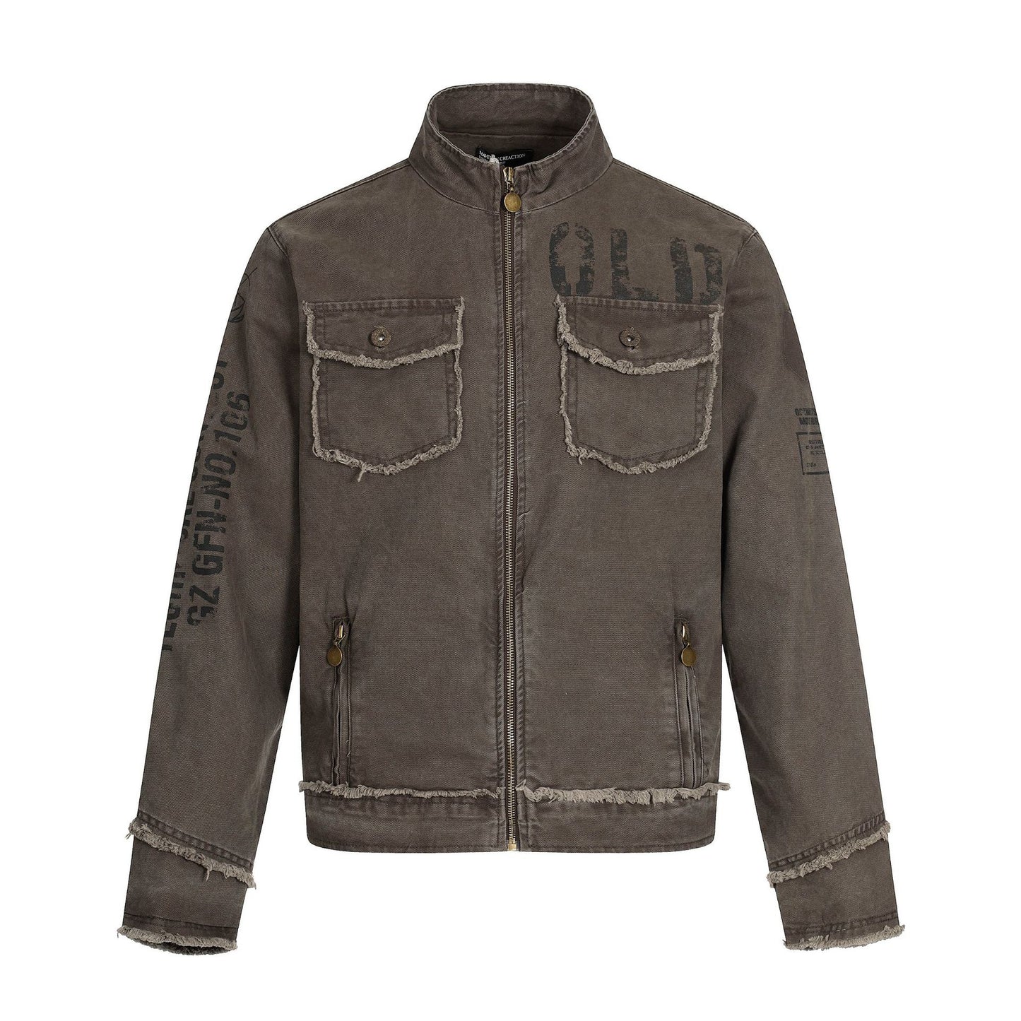 Jacket Stand Collar Outerwear Unisex Vintage Print Washed Zipper Frayed Aged