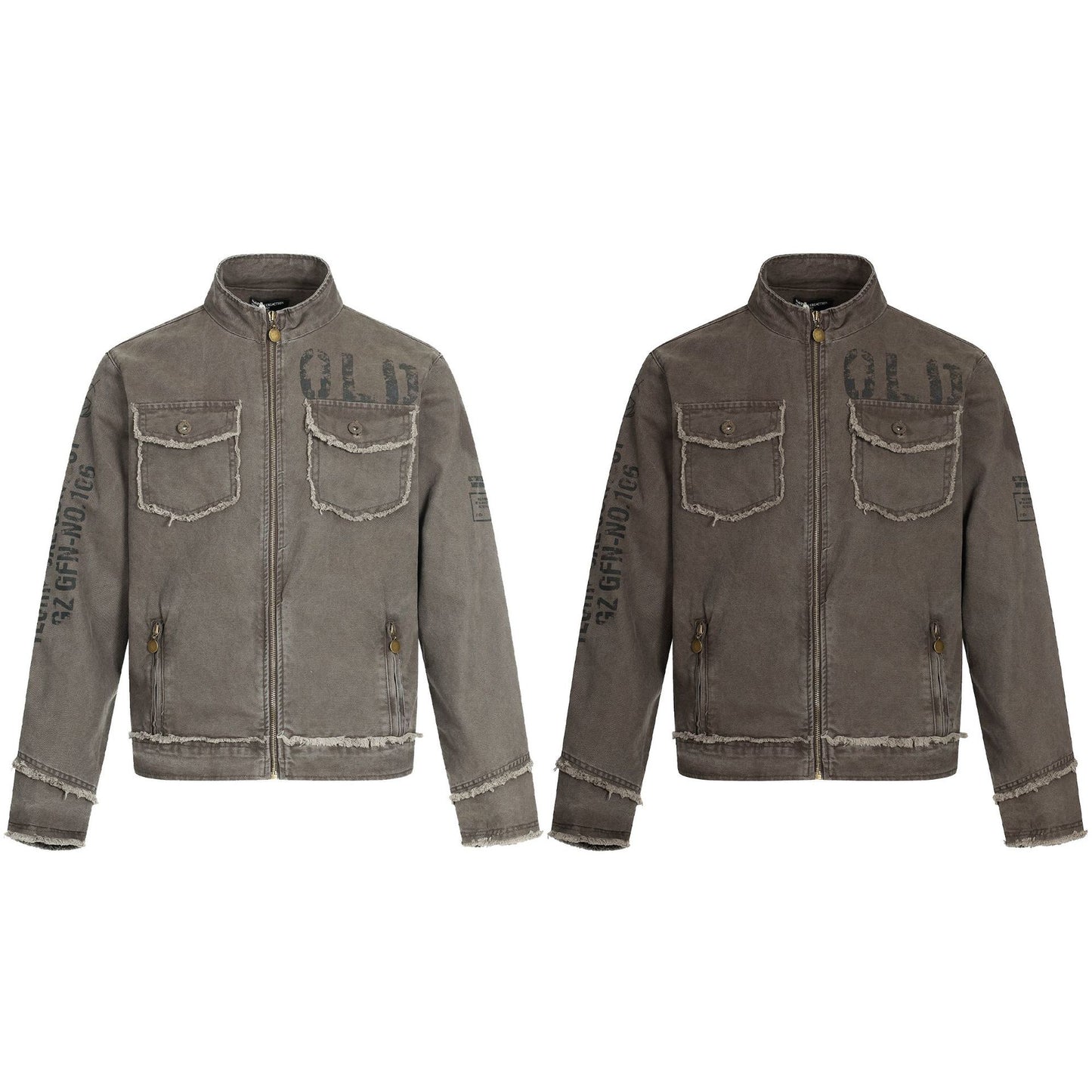 Jacket Stand Collar Outerwear Unisex Vintage Print Washed Zipper Frayed Aged