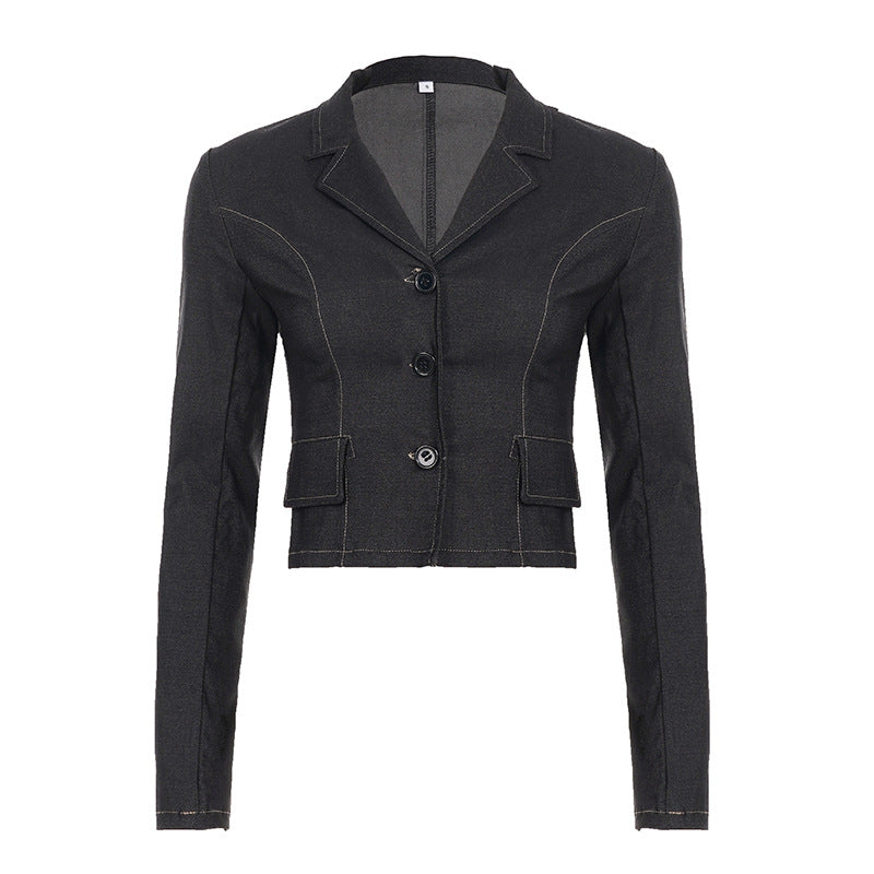 Notch Lapel Vintage Commuting Shirt Unique Design Fitted Short Length Spicy Girl Jacket Women's Clothing