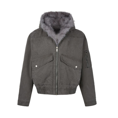 Hooded Fur Collar Jacket with American Retro Style for Men and Women