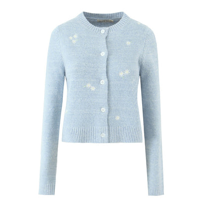 Round neck long sleeved single breasted solid color design knit sweater cardigan for women