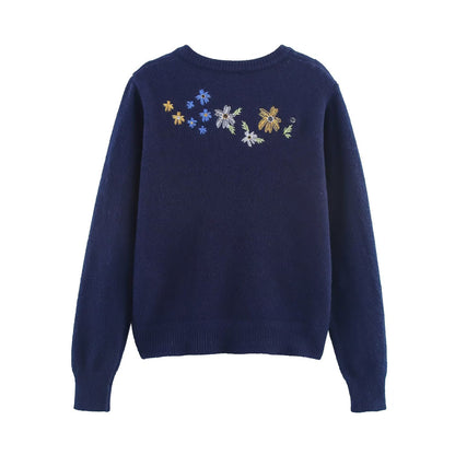 Loose flower embroidery slimming knitted cardigan jacket for women