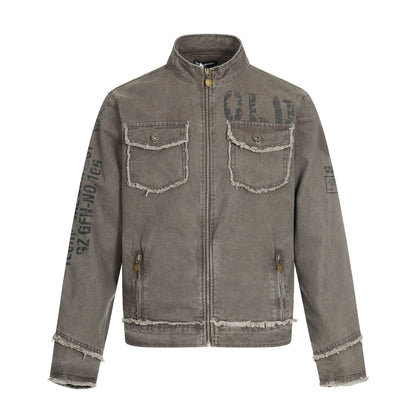 Jacket Stand Collar Outerwear Unisex Vintage Print Washed Zipper Frayed Aged