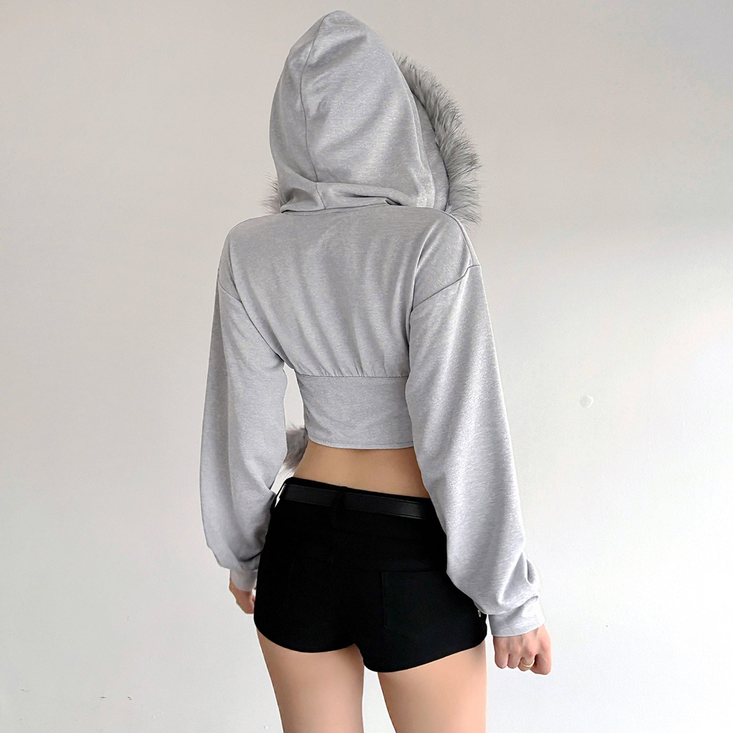 Street Style Fuzzy Collar Hooded Sweatshirt Cinched Waist Irregular Short Length Spicy Design Long Sleeve Jacket