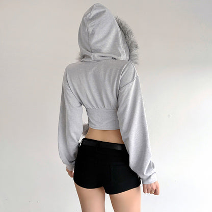 Street Style Fuzzy Collar Hooded Sweatshirt Cinched Waist Irregular Short Length Spicy Design Long Sleeve Jacket
