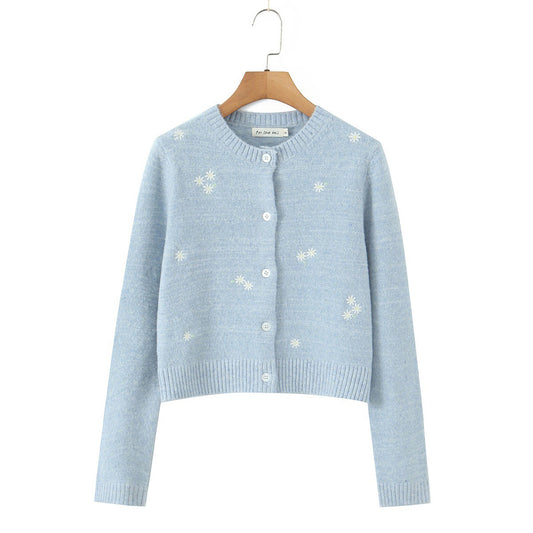 Round neck long sleeved single breasted solid color design knit sweater cardigan for women