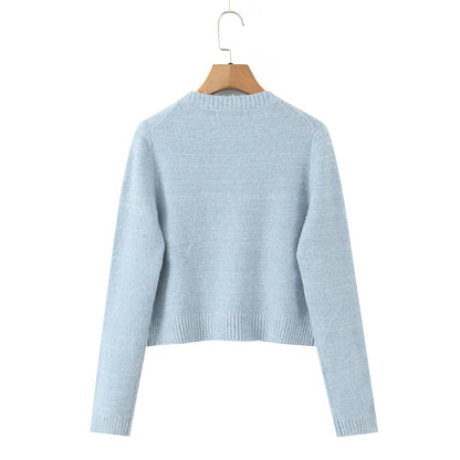 Round neck long sleeved single breasted solid color design knit sweater cardigan for women