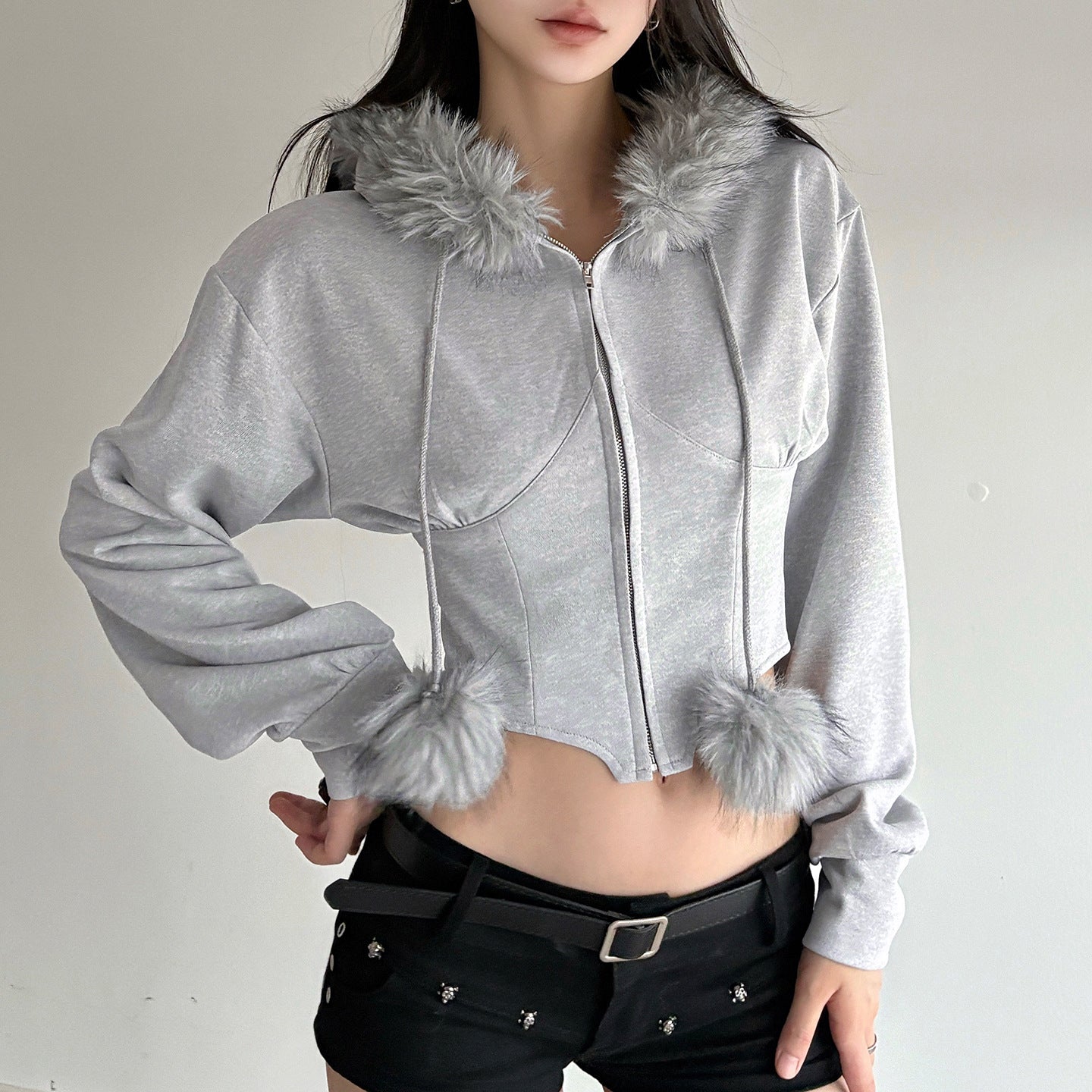 Street Style Fuzzy Collar Hooded Sweatshirt Cinched Waist Irregular Short Length Spicy Design Long Sleeve Jacket