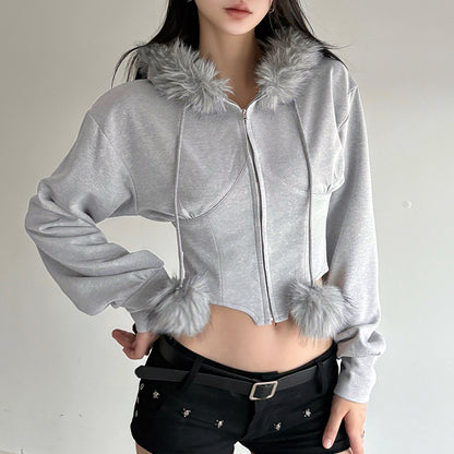Street Style Fuzzy Collar Hooded Sweatshirt Cinched Waist Irregular Short Length Spicy Design Long Sleeve Jacket