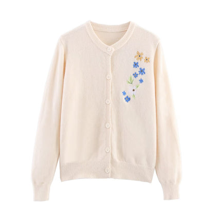 Loose flower embroidery slimming knitted cardigan jacket for women