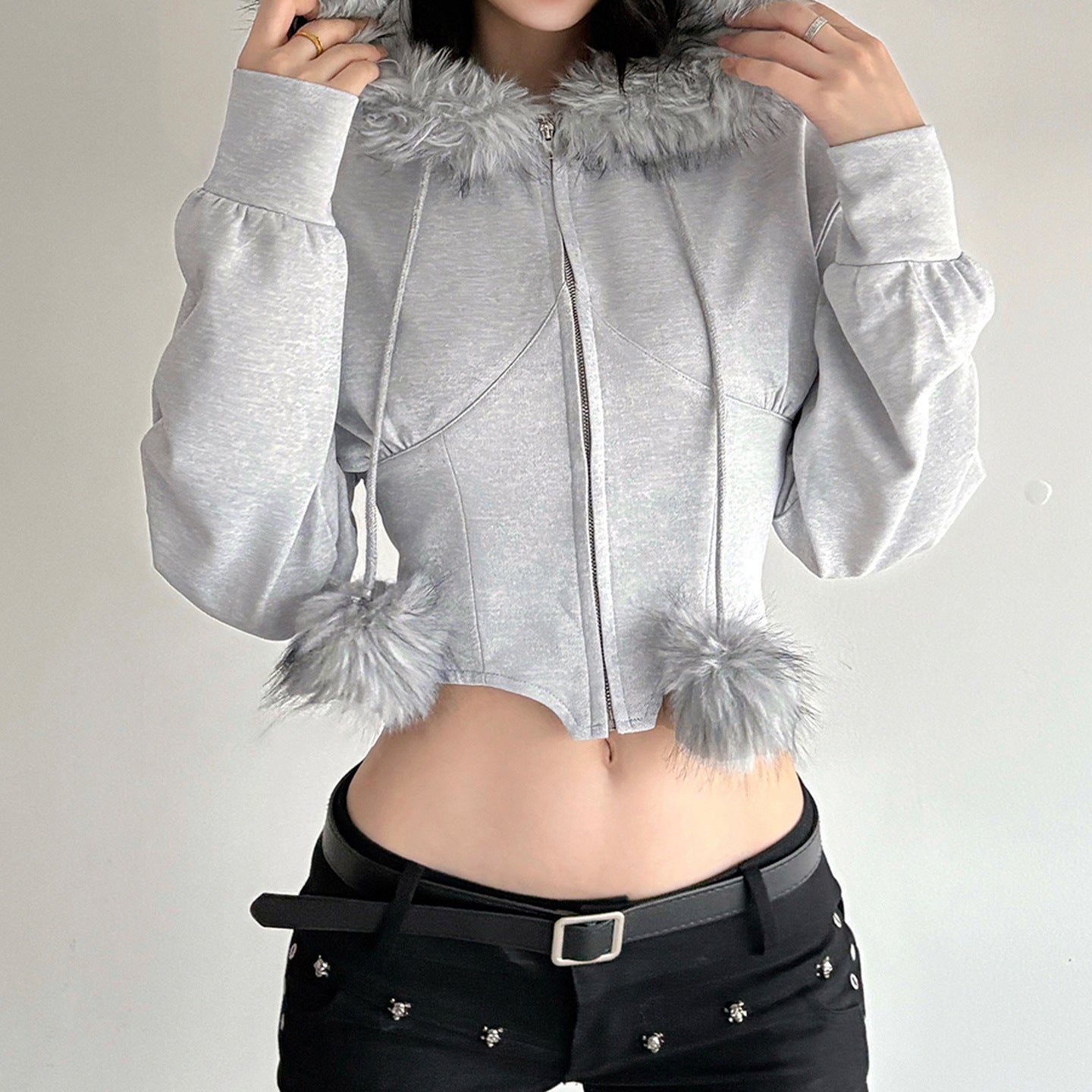Street Style Fuzzy Collar Hooded Sweatshirt Cinched Waist Irregular Short Length Spicy Design Long Sleeve Jacket