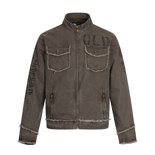 Jacket Stand Collar Outerwear Unisex Vintage Print Washed Zipper Frayed Aged