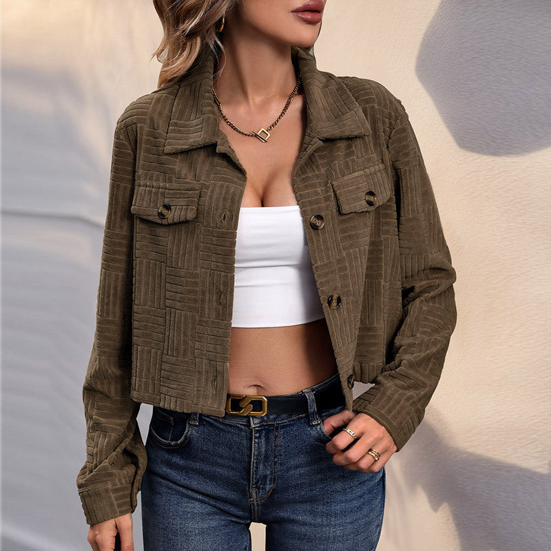 Elegant Textured Corduroy Women's Jacket Short Length Notched Collar Coat
