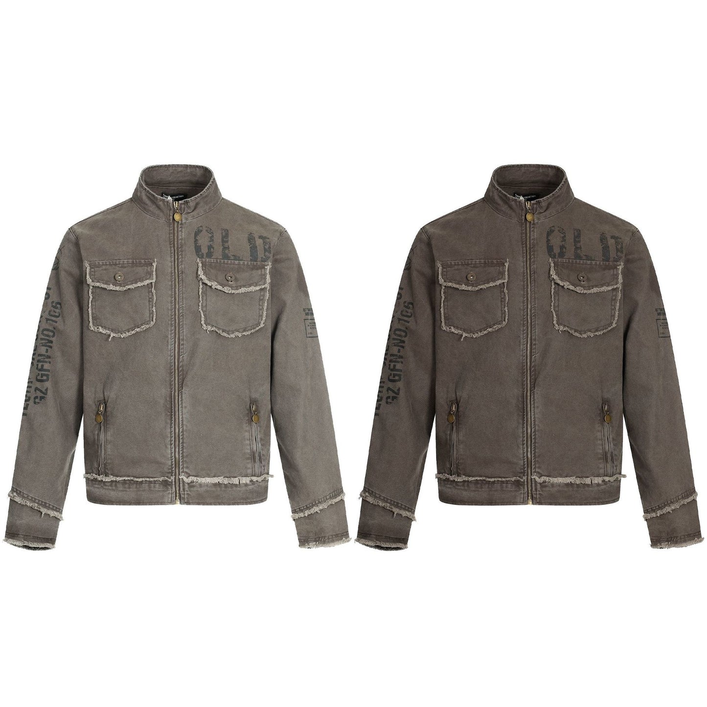 Jacket Stand Collar Outerwear Unisex Vintage Print Washed Zipper Frayed Aged