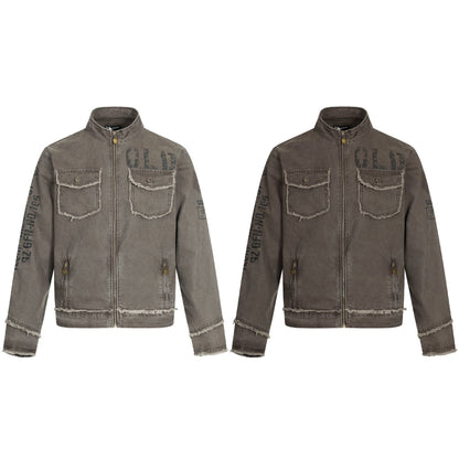 Jacket Stand Collar Outerwear Unisex Vintage Print Washed Zipper Frayed Aged