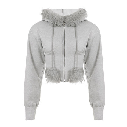 Street Style Fuzzy Collar Hooded Sweatshirt Cinched Waist Irregular Short Length Spicy Design Long Sleeve Jacket