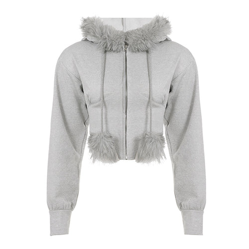 Street Style Fuzzy Collar Hooded Sweatshirt Cinched Waist Irregular Short Length Spicy Design Long Sleeve Jacket