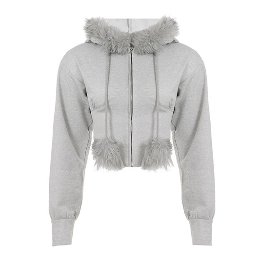 Street Style Fuzzy Collar Hooded Sweatshirt Cinched Waist Irregular Short Length Spicy Design Long Sleeve Jacket