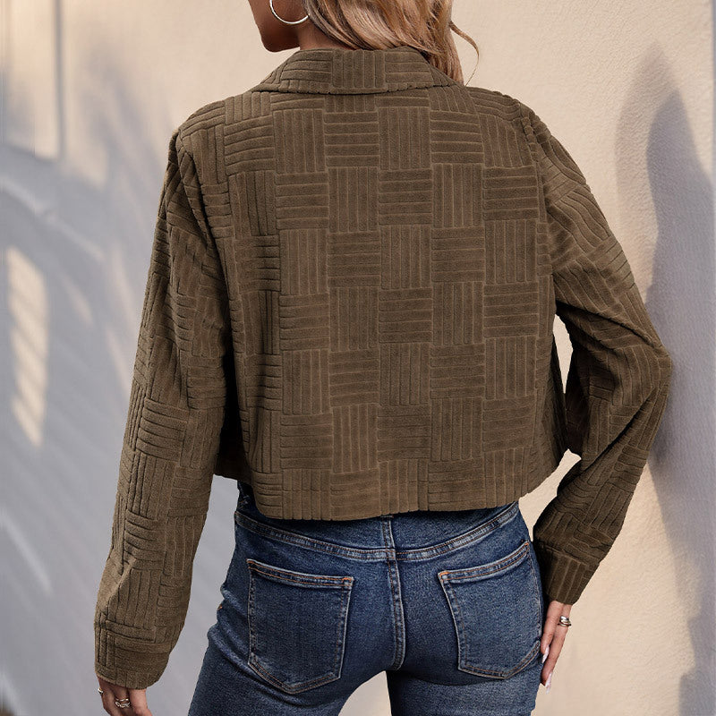 Elegant Textured Corduroy Women's Jacket Short Length Notched Collar Coat